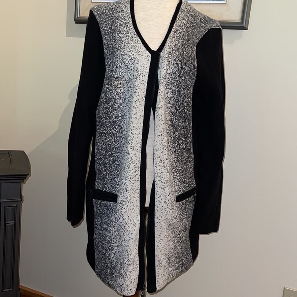 Chico's Sweat Coat Knee length Patterned Grey White & Black Suit Jacket